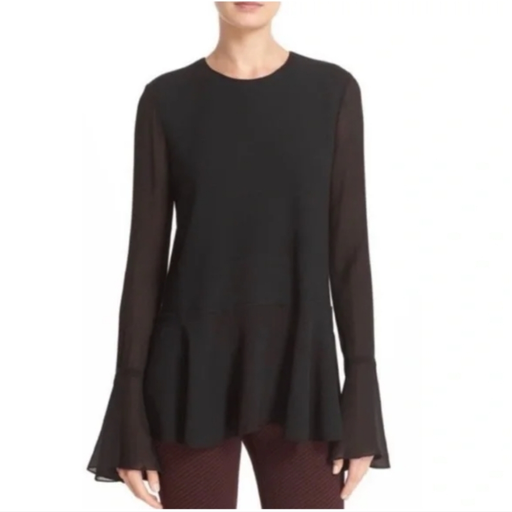 Theory Black Peplum Top with Flared Sheer Cuffs
